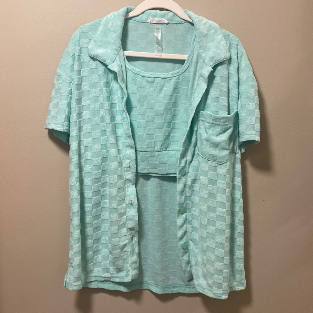 Talulah Mint Terry Cloth Crop & Button Up Shirt Set